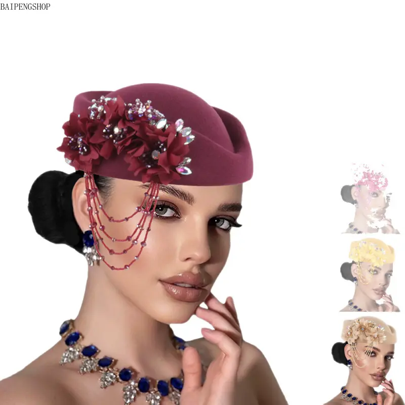 Vintage Wool Pillbox Fascinator Hat, Women’s Elegant Floral Rhinestone‑Accent Costume Headpiece, Sophisticated Styling Accessory for Wedding Ceremonies & Tea Party Occasions