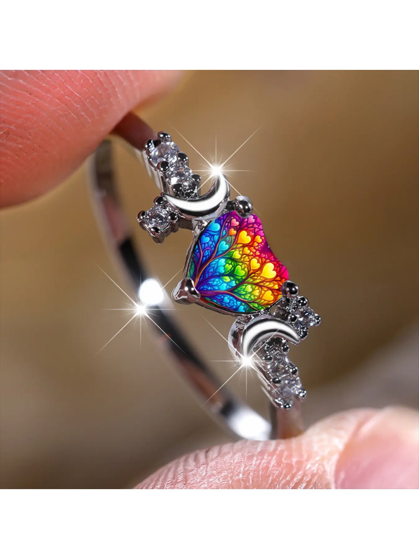 Rainbow Tree of Life Love Ring, featuring a design with double crescent moon and surrounded by broken diamonds, a niche and healing accessory with colorful love heart veins, symbolizing vitality and suitable as a gift jewelry