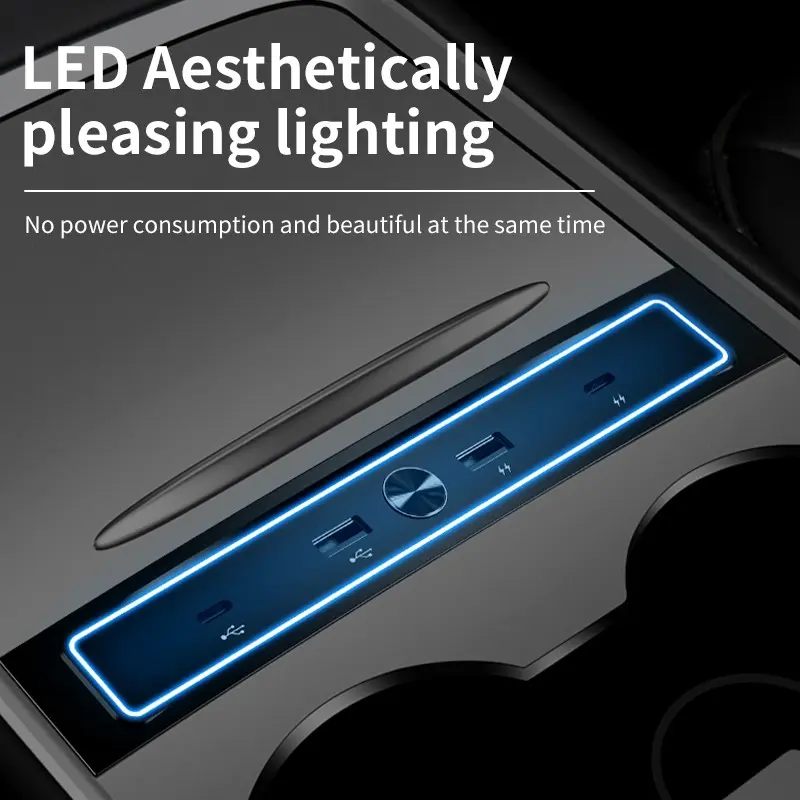 Multi-Port Car Charger for Tesla Model 3/y, 27w Fast Charging, High Speed Charger, Multiple USB Ports, LED Decorative Lights, High Compatibility, Fast Charging Solution, Automotive Charger