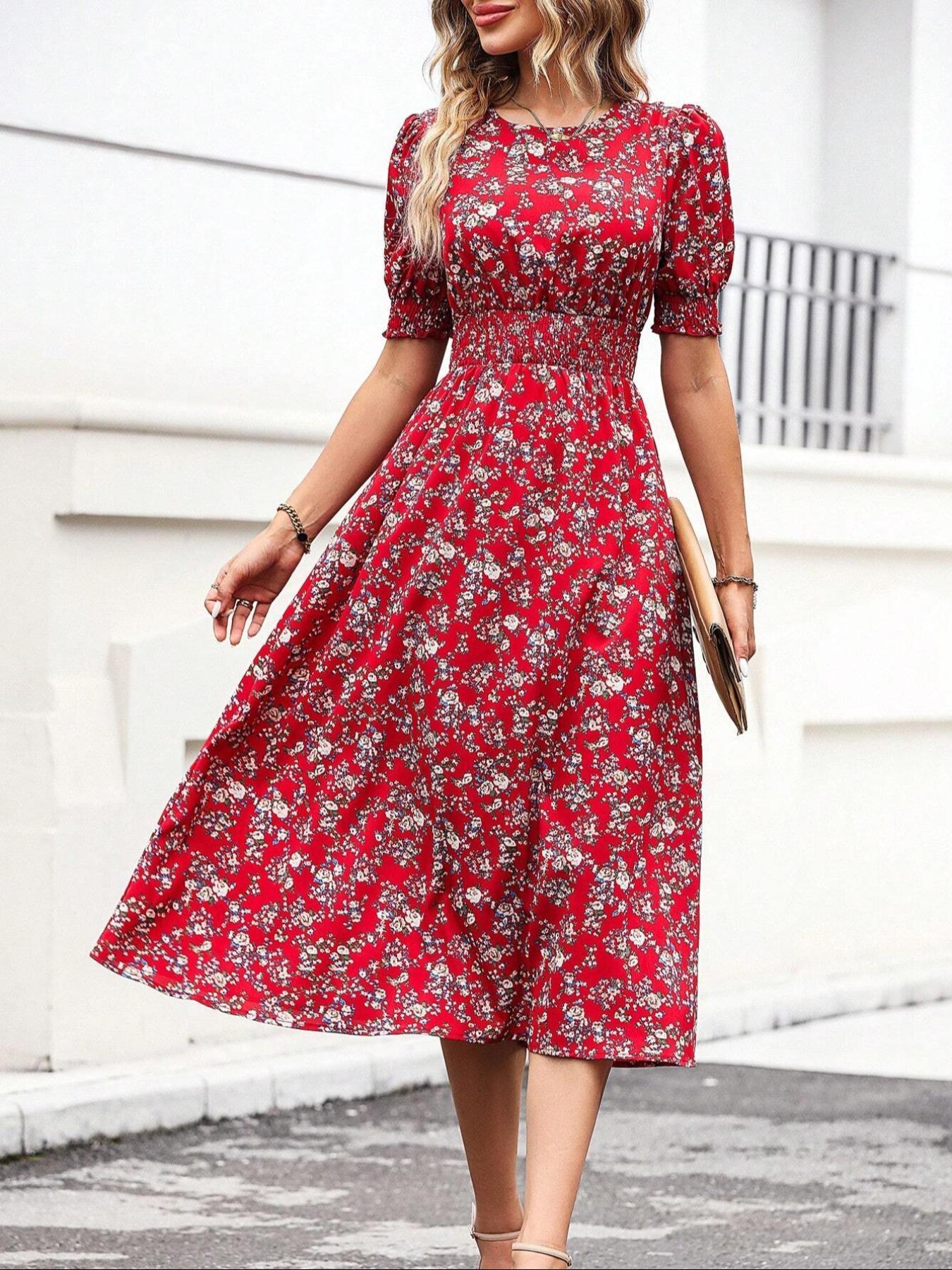 Women's Floral Print Bubble Hem Dress, Round Neck Waist Cinched Design, Boho Style Midi Skirt, Fitted Short Sleeve, All Seasons