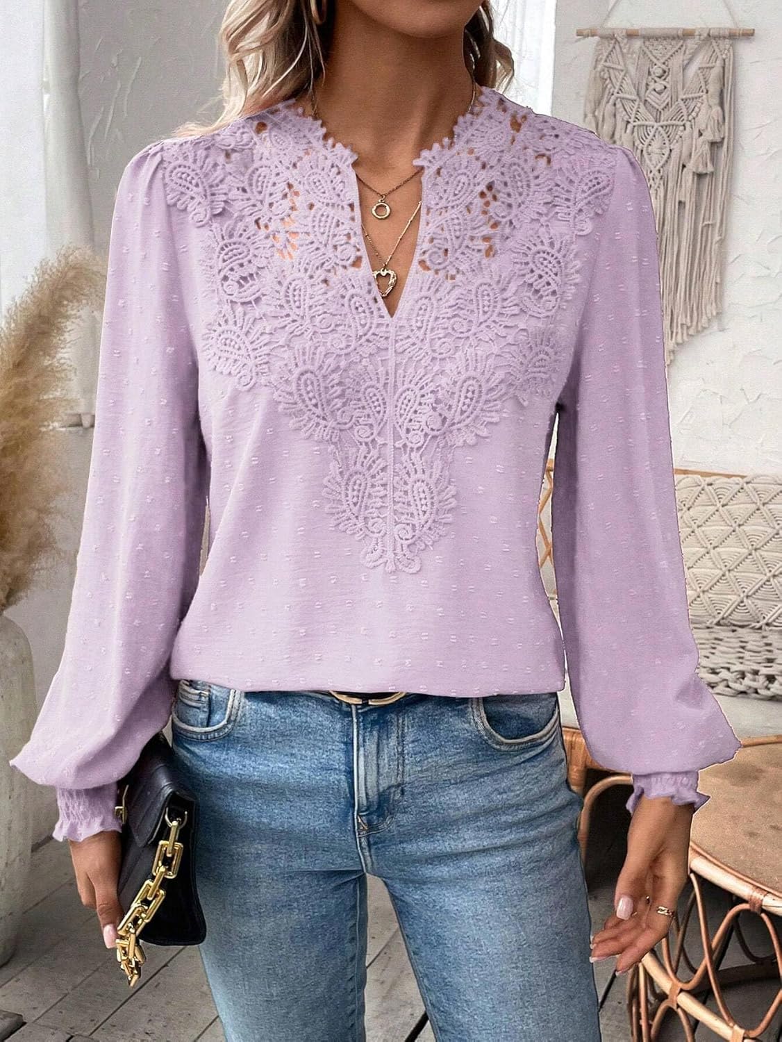 Womens Dressy Lace Blouse V-Neck Ruffle Long Sleeve T Shirt 2026 Fall Fashion Clothes Lace Crochet Casual Boho Tees Tops