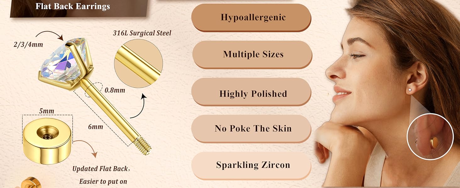 Tiny Hypoallergenic Flat Back Earrings - Surgical Steel Earrings For Women Men 14K Gold Plated Flatback Stud Earrings 20G Small Cartilage Earring Hoop 12 Pairs 2/3/4mm Screw Back Earrings