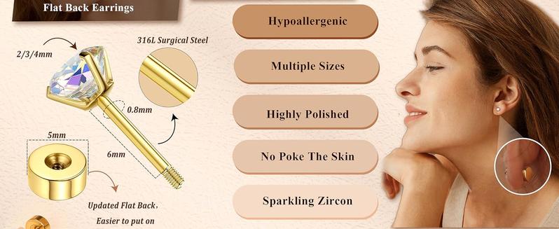 Tiny Hypoallergenic Flat Back Earrings - Surgical Steel Earrings For Women Men 14K Gold Plated Flatback Stud Earrings 20G Small Cartilage Earring Hoop 12 Pairs 2/3/4mm Screw Back Earrings