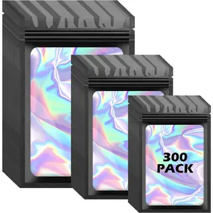 300PCS Black Holographic Mylar Bags, 3 Sizes Resealable Smell-Proof Pouches with Clear Window – Food Storage & Small Business Packaging