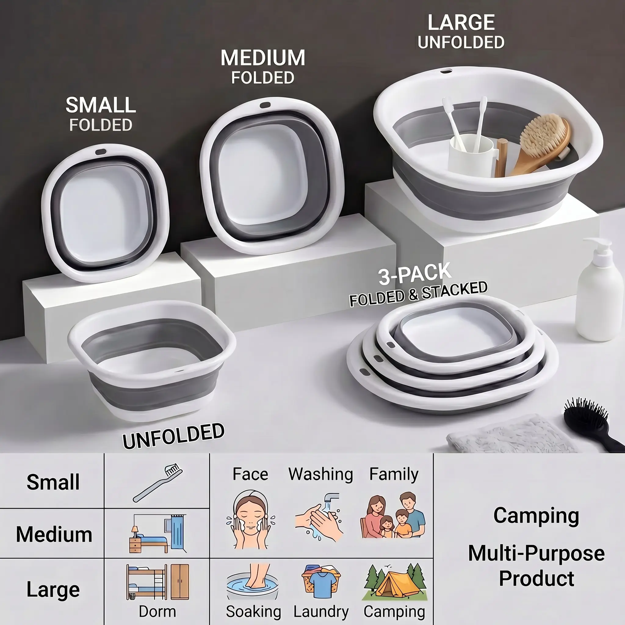 1Pack Small/Medium/Large CollapsibleWash Basin, 3 Packs Collapsible Wash Basin Set Small Medium Large,  Multi-Size Space Saving Collapsible Sink Combo for Face Care, Makeup Washing,Dormitory, Apartment,  Foot Soak, Pet Bath,Camping RV Travel