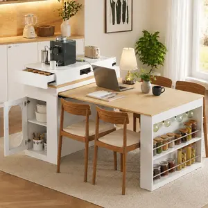 Video-Enabled Expandable Dining Table – Convertible Kitchen Island with Folding Tabletop, Drawers, Power Outlet, Wheels, Hooks, Creamy White + Natural, 57.7 in L