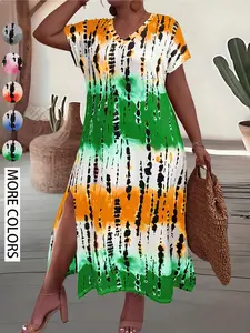 Cross-Border European and American Plus Size Women's Summer New Casual Chic Long Dress, V-Neck Short Sleeve Loose Tie-Dye Print Dress