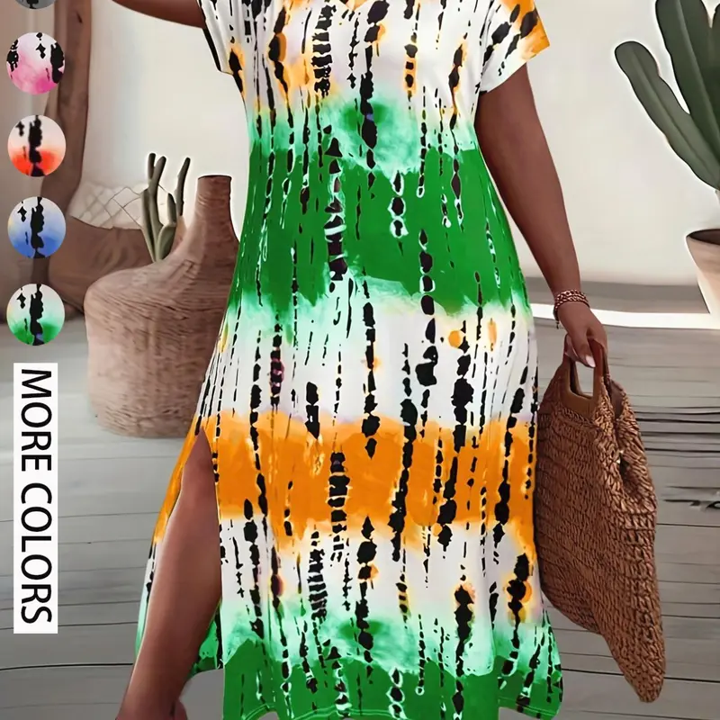European and American Plus Size Women's Summer New Casual Chic Long Dress, V-Neck Short Sleeve Loose Tie-Dye Print Dress, Boho Beach Sundress