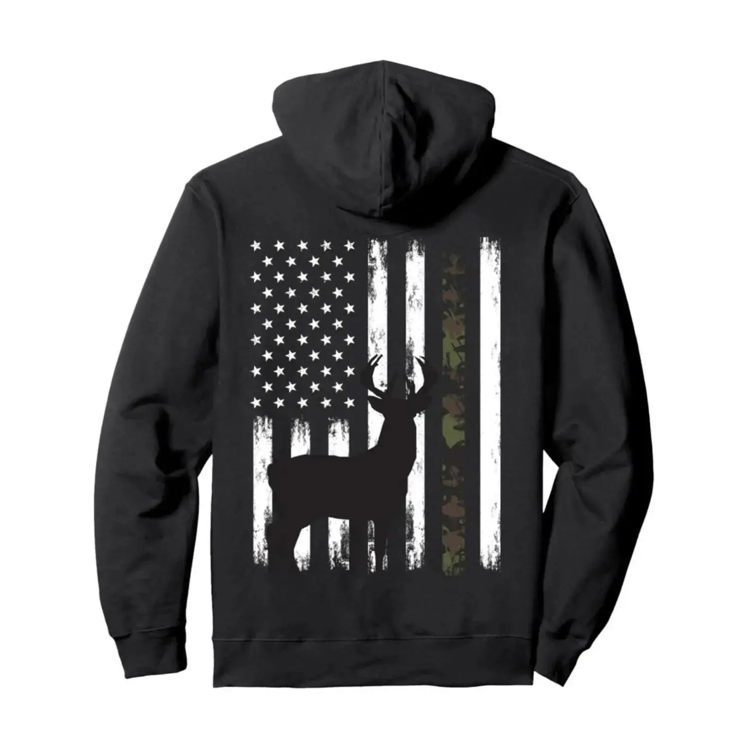 Men's Whitetail Deer Hunting Camo Hoodie Pullover - Flag Print, Warm, Stylish Longsleeves Menswear Top, Outdoor Enthusiasts Outfits Sweatshirt, Tops, Hoodies-Black Back