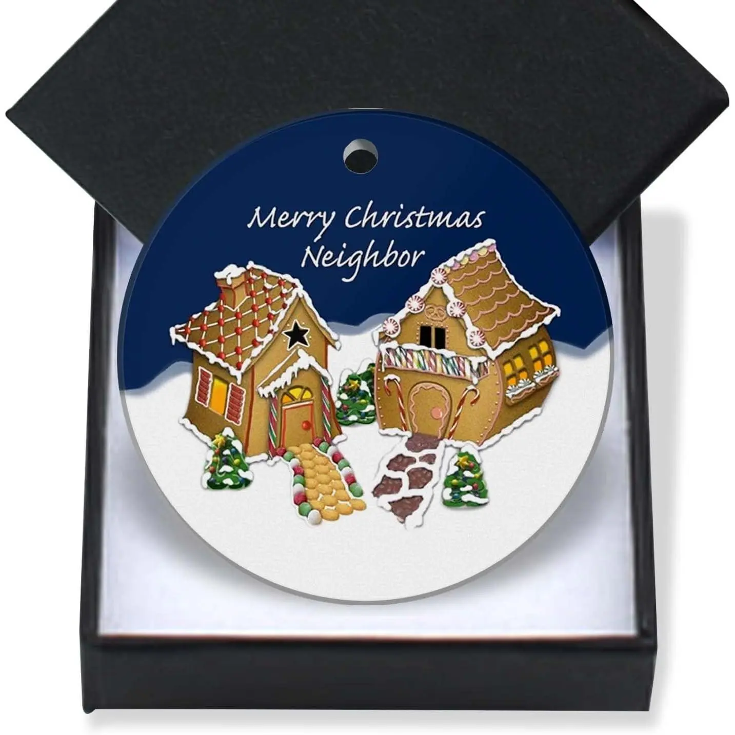 Christmas Ornament 2025 -  for Neighbors, Friendship Gingerbread House , Holiday Present, Xmas Tree Decoration - Flat Circle Ceramic 3In