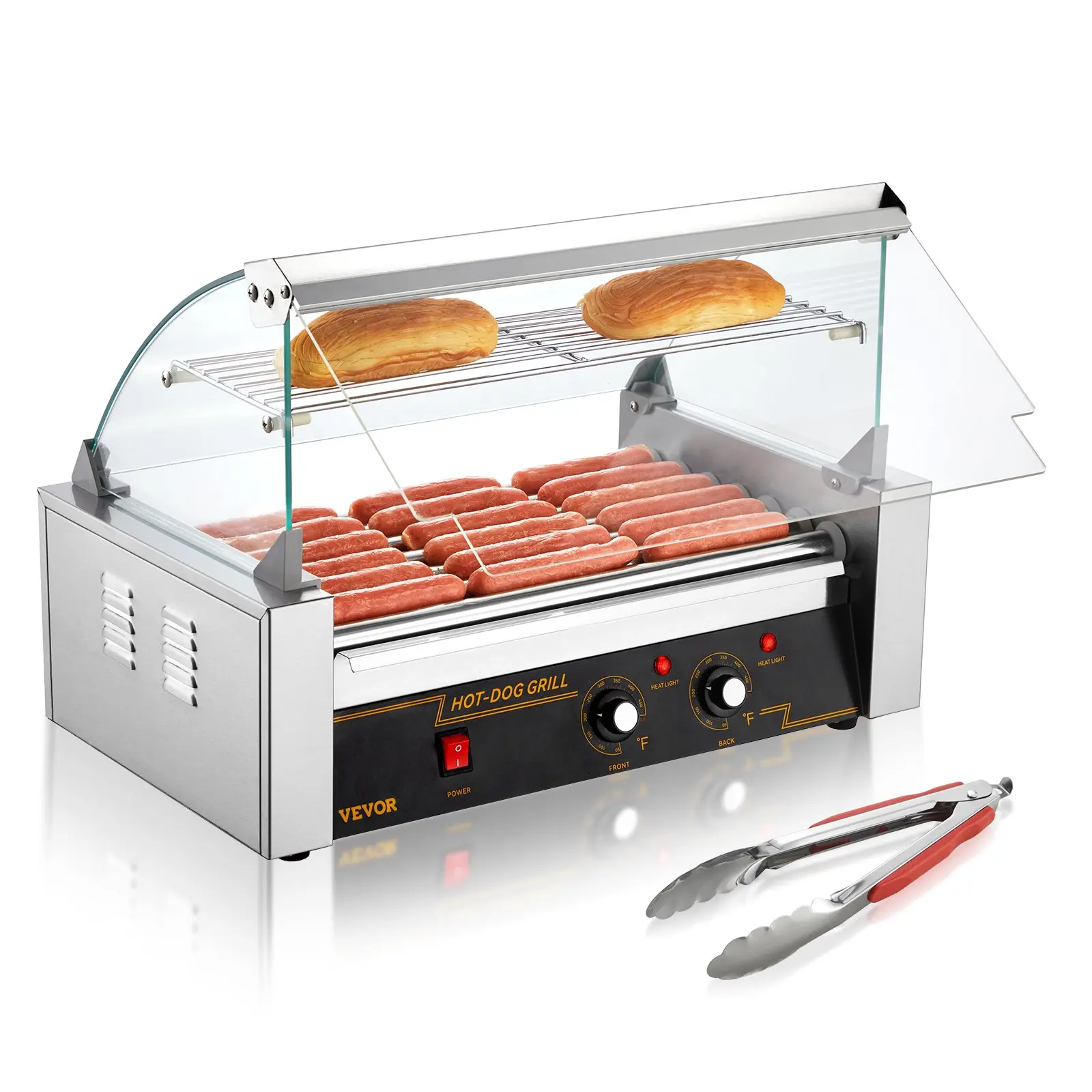 VEVOR Stainless Steel Hot Dog Roller Machine, 7 Rollers, 18-Hot Dog Capacity, 1050W Sausage Grill Cooker, Dual Temp Control, Glass Hood, Acrylic Cover, Bun Warmer Shelf, Removable Oil Drip Tray, ETL Certified