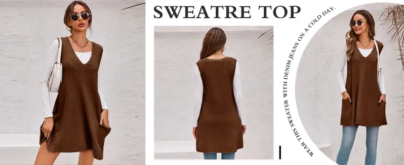 Imily Bela Womens Sleeveless Sweater Vest V Neck Casual Loose Knit A Line Flattering Tunic Top with Pockets Fashion Vest Sleeveless Sleeveless Minimalist Style
