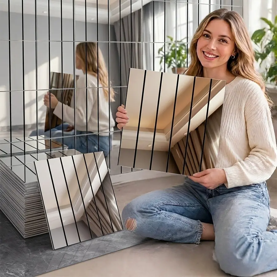 51pcs Self-Adhesive Luxury Grid Wallpaper, Gold Silver Mirror Effect, 3D Mesh Stripes, Easy Install, Waterproof, Durable, DIY Removable