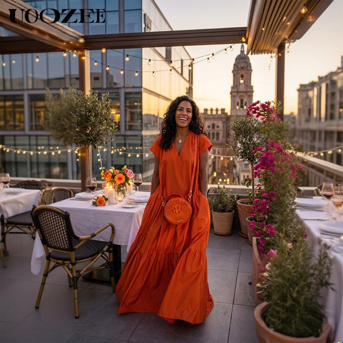 UOOZEE Women's Bright Chic Loose Short Sleeve Pleated Pocket Solid Color Slit V-Neck Maxi Dress Summer Casual Basic Cotton Blend Machine Washable Holiday Dress Womenswear Minimalist (Size is one size larger, it is recommended to order one size smaller)