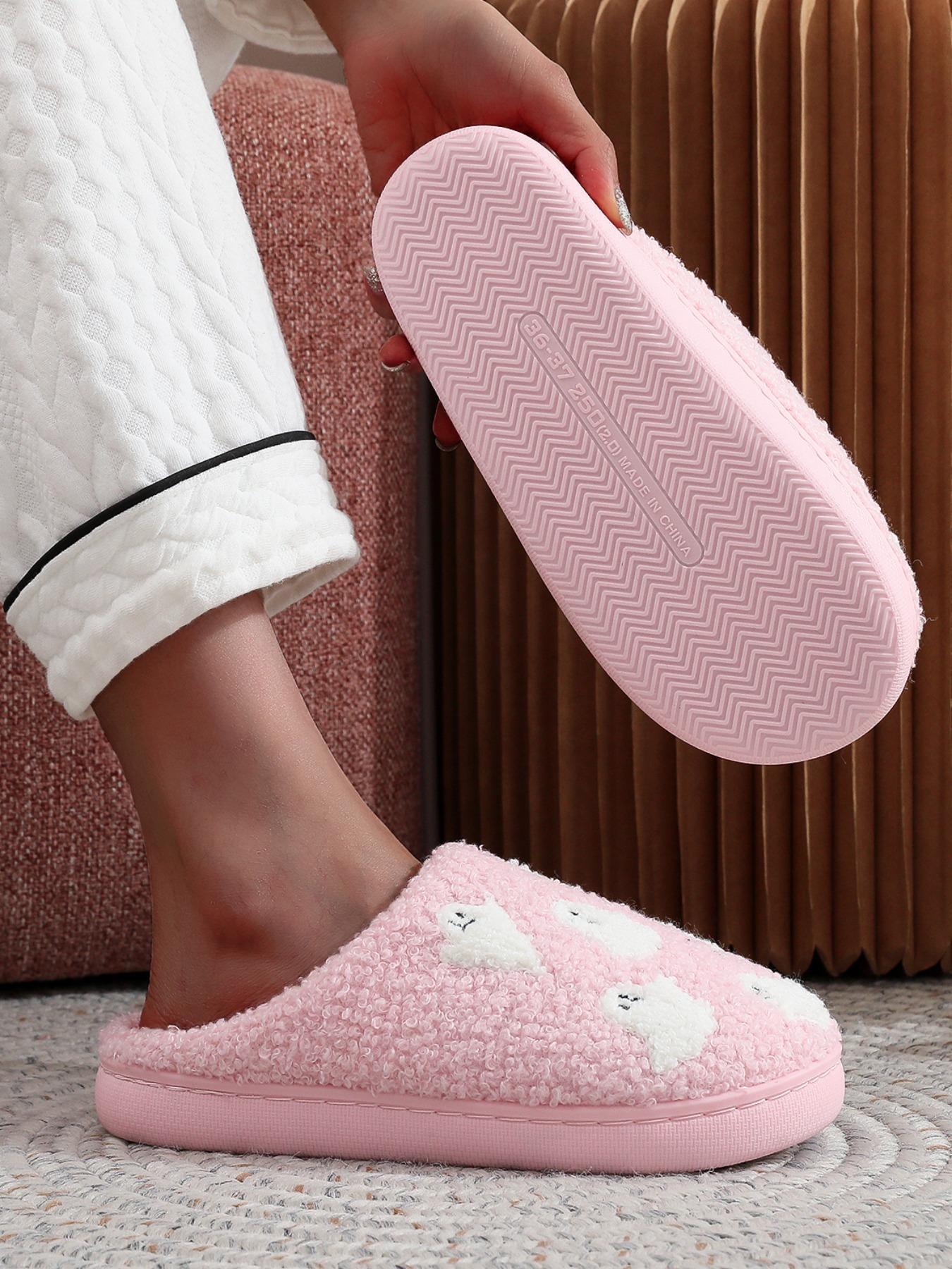 Women's Cute Cartoon Ghost Pattern Plush Slippers, Casual Soft Comfortable Fluffy Home Slippers, Warm Fuzzy House Slippers for Indoor & Outdoor Use for All Seasons