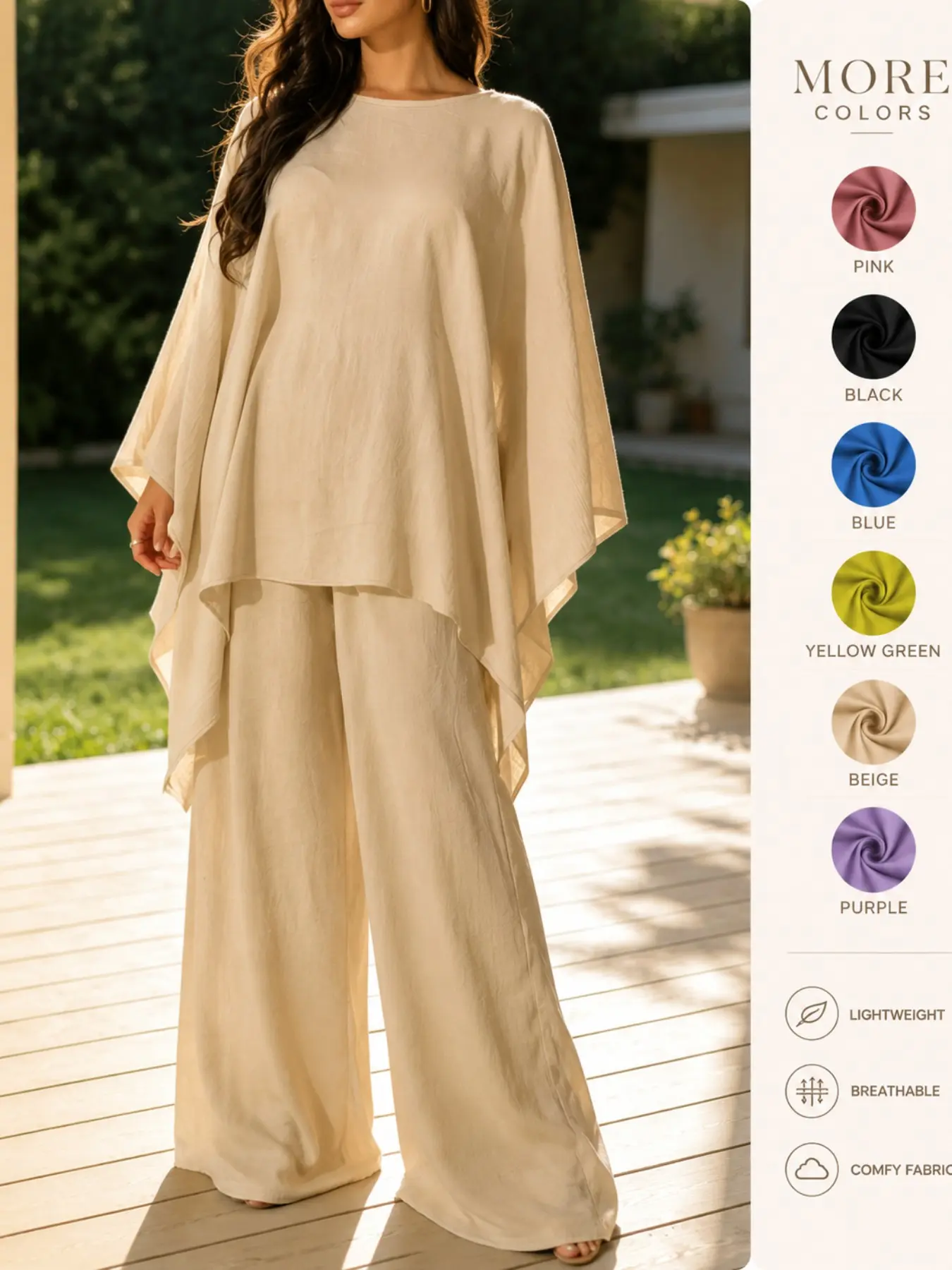 Women's 2-Piece Wide Leg Pants Set, Lightweight Soft Fabric, Casual Cape-Style Loose Top + High-Waisted Pants, Summer Fashion