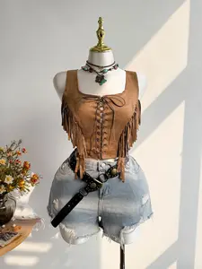 Vintage High-End Deer Skin Velvet Fringe Tie-Front Crop Vest, Sleeveless Backless Design, Perfect for Spring & Summer