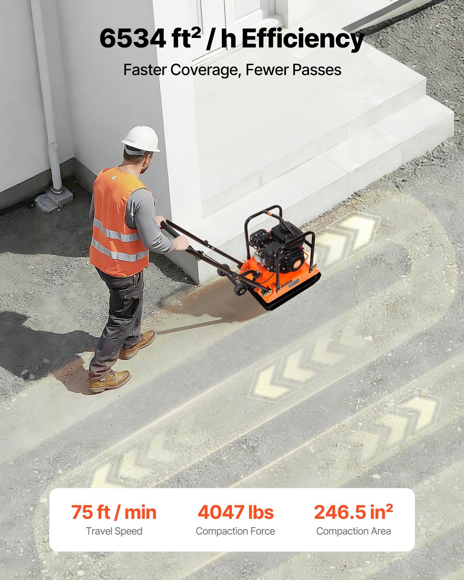 VEVOR Plate Compactor, 6.5 HP 196CC Gas Engine, 5700 VPM Vibrating Ground Rammer, 4047 lbs Compaction Force, 21 x 16 in Plate, Walk Behind Compactor for Paver Landscaping, Asphalt, Foundation, Soil