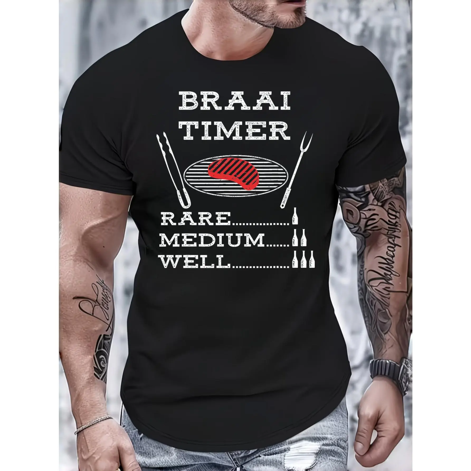 Men's Casual Funny Graphic Short-Sleeve T-Shirt - Braai Timer Rare Medium Well Steak Grilling Humor Design, Festive Summer Barbecue Party Outdoor Cooking Gift for Grill Masters, Tops Fashion Menswear Unisex