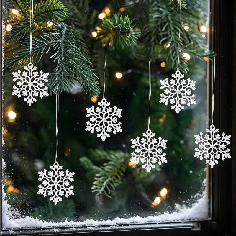 24-piece Christmas simple snowflake paper-cut decorations, designed in an ice and snow style, suitable for hanging, ideal for home decoration, outdoor parks, shopping malls, Christmas tree decorations, and gift giving.