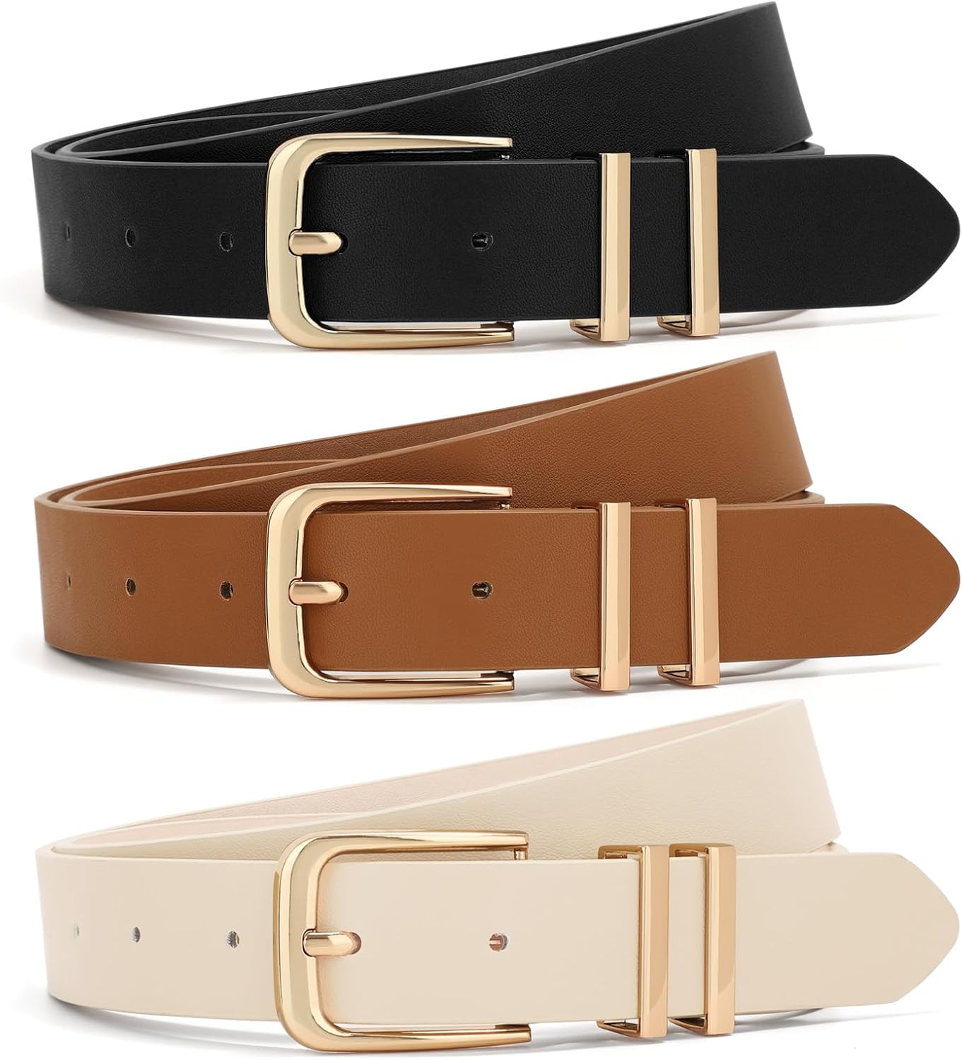 3 Pack Women Belts Ladies Leather Waist Belt For Jeans Dresses Pants  with Gold Buckle