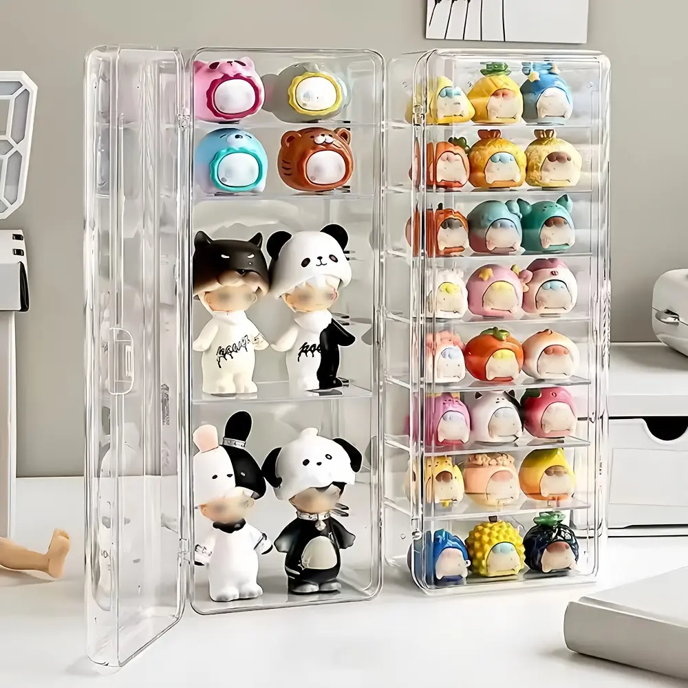 Acrylic 8-Compartment Display Case with Lid - Dustproof Multi-Tier Figurine Collector's Showcase, Removable Dividers & Transparent Shelves for Dolls, Action Figures, Collectibles, Girls' Accessories - Space-Saving Storage Box