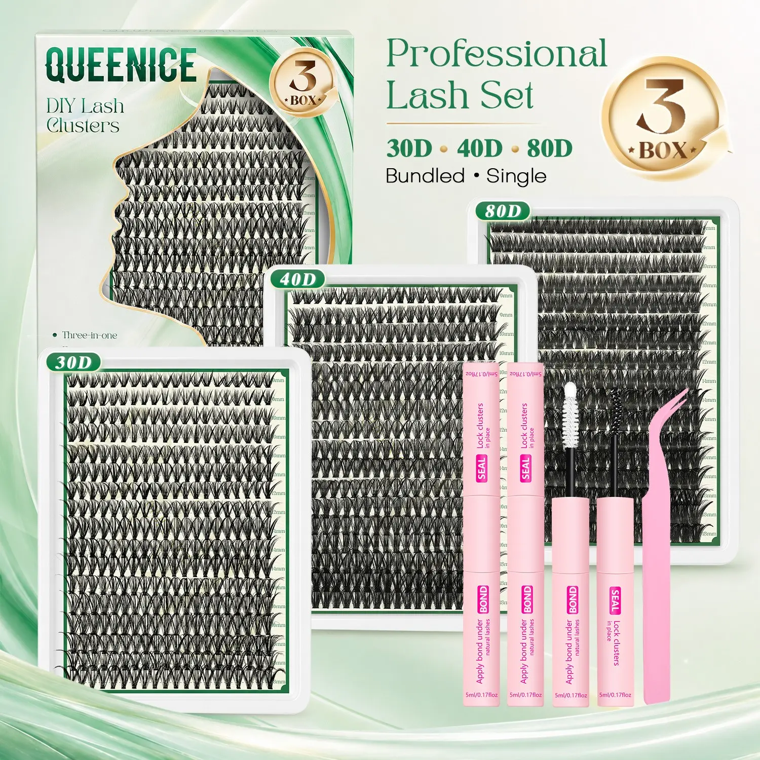 Queenice 3-In-1 False Eyelashes Set, Includes Glue & Sealant, Tweezers, Beginner-Friendly, Long-Lasting Dense Lashes, Ideal Gift for Women