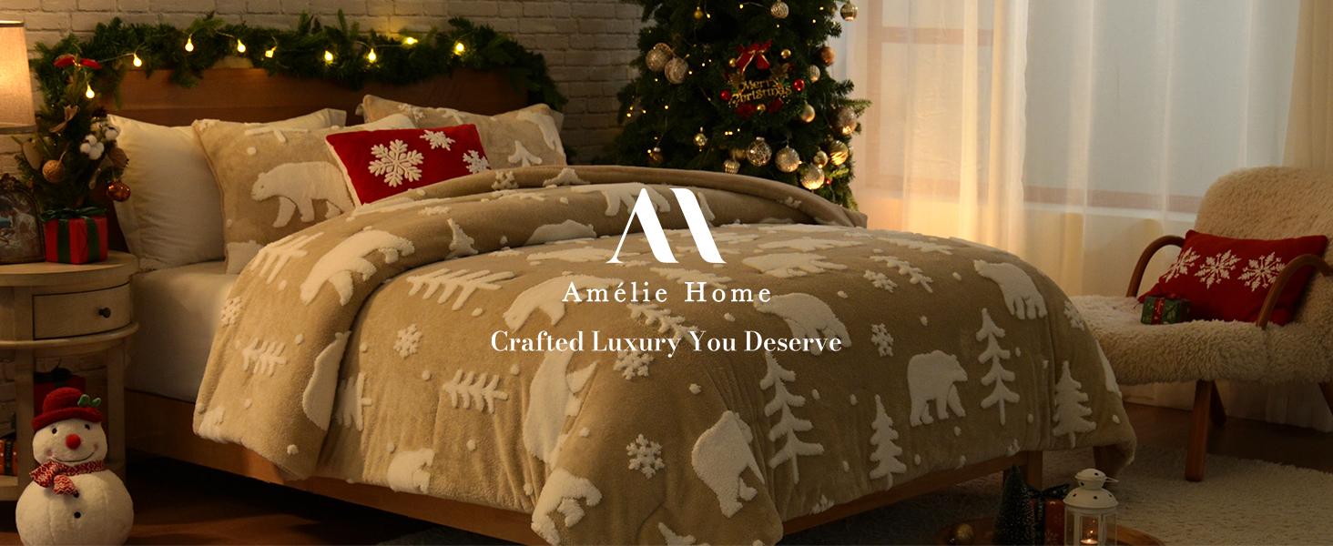 Christmas Comforter Set Queen, Christmas Bedding Set with Bear, Beige Fleece Plush Comforter for Winter, 3 Pieces, 1 Soft Comforter and 2 Pillowcases