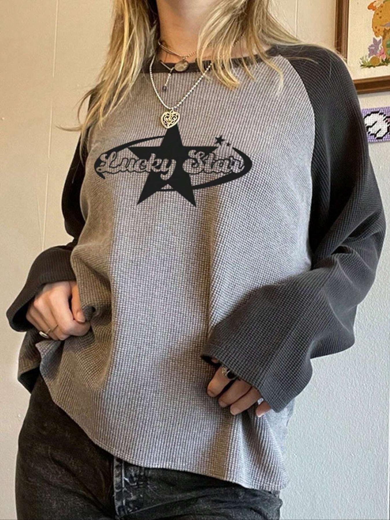 Women's Colorblock Star Print Raglan Sleeve Tee, Casual Comfy Tee, Casual Long Sleeve Round Neck T-shirt for Spring & Fall, Women's Top for Daily Wear Chic Top