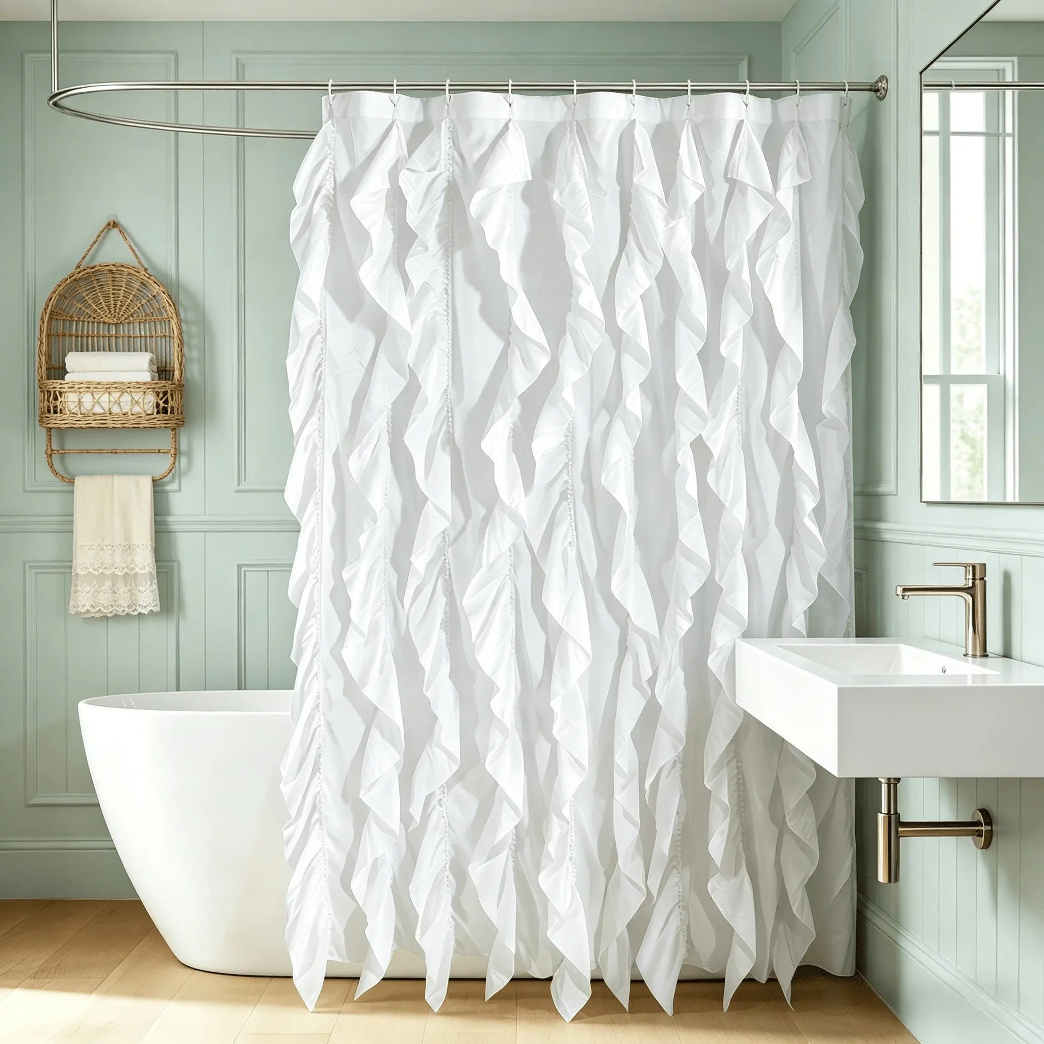 White Rustic Farmhouse Style Wavy Design Shower Curtain, Simple White Curtain with 12 Hanging Holes, Hotel & Homestay Quality, Ideal for Main Bathroom
