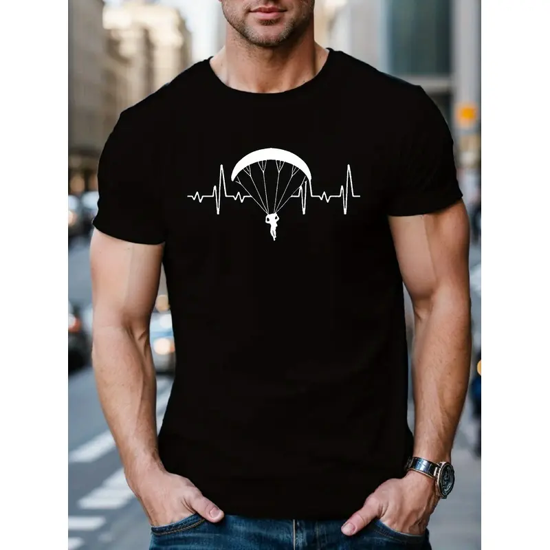 Men's Skydiving EKG Graphic T-Shirt – Casual Polyester Crew Neck Short-Sleeve Summer Top, Machine Washable