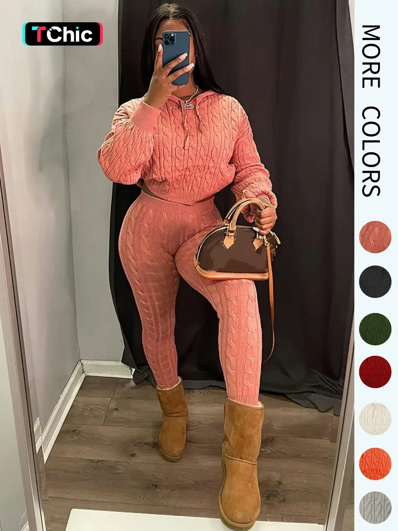 Women's Minimalist Textured Long Sleeve Crop Hooded Sweater & High Waist Skinny Fitted Pants Set, Casual Cozy Chic Ladies' Knitwear, Basic Womenswear Outfit, Fitted Clothing Set, Casual Style Set, Clothes