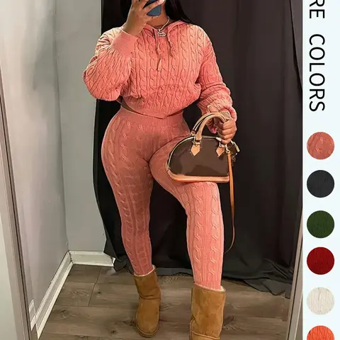Women's Minimalist Textured Long Sleeve Crop Hooded Sweater & High Waist Skinny Fitted Pants Set, Casual Cozy Chic Ladies' Knitwear, Basic Womenswear Outfit, Fitted Clothing Set, Casual Style Set, Clothes