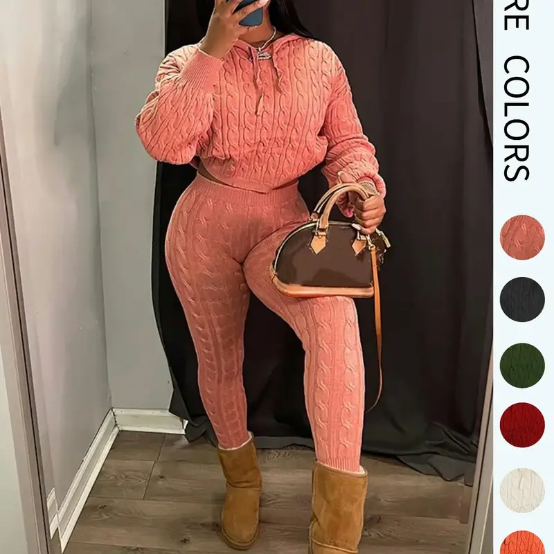 Women's Minimalist Textured Long Sleeve Crop Hooded Sweater & High Waist Skinny Fitted Pants Set, Casual Cozy Chic Ladies' Knitwear, Basic Womenswear Outfit, Fitted Clothing Set, Casual Style Set, Clothes