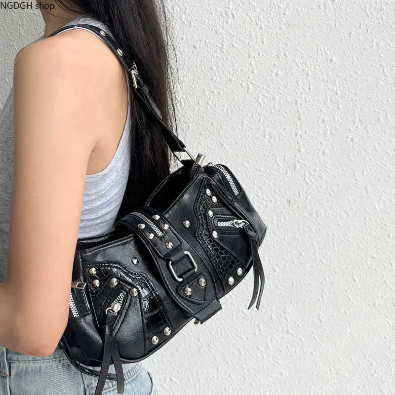 Black Faux Leather Women's Crossbody & Shoulder Bag with Black Strap, Metallic Studs, Rivets, Buckles, Multi Zippers, Plenty Pockets, Lightweight Durability for Street Style Daily Outings (Punk Style), Black Strap Women's Crossbody & Shoulder Bags