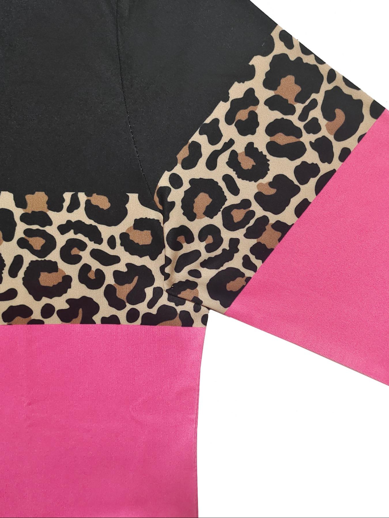 2 Piece Women's Long Sleeve Top & Pants Set for Winter, Leopard Patchwork Home Party Leisure Wear