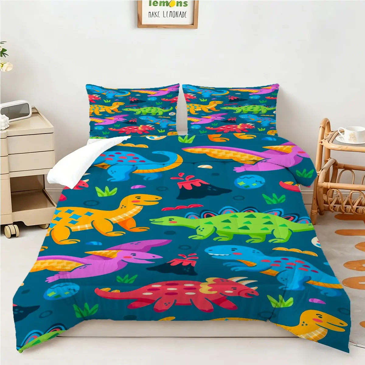 2/3Pcs Cartoon Dinosaur Print Comforter Set, Digital Print Bedding Set, Playful Jurassic Themed Bedroom Decor for Boys & Girls, Gift for Young Dino Fans. 1 or 2 Pillowcase, No Filling