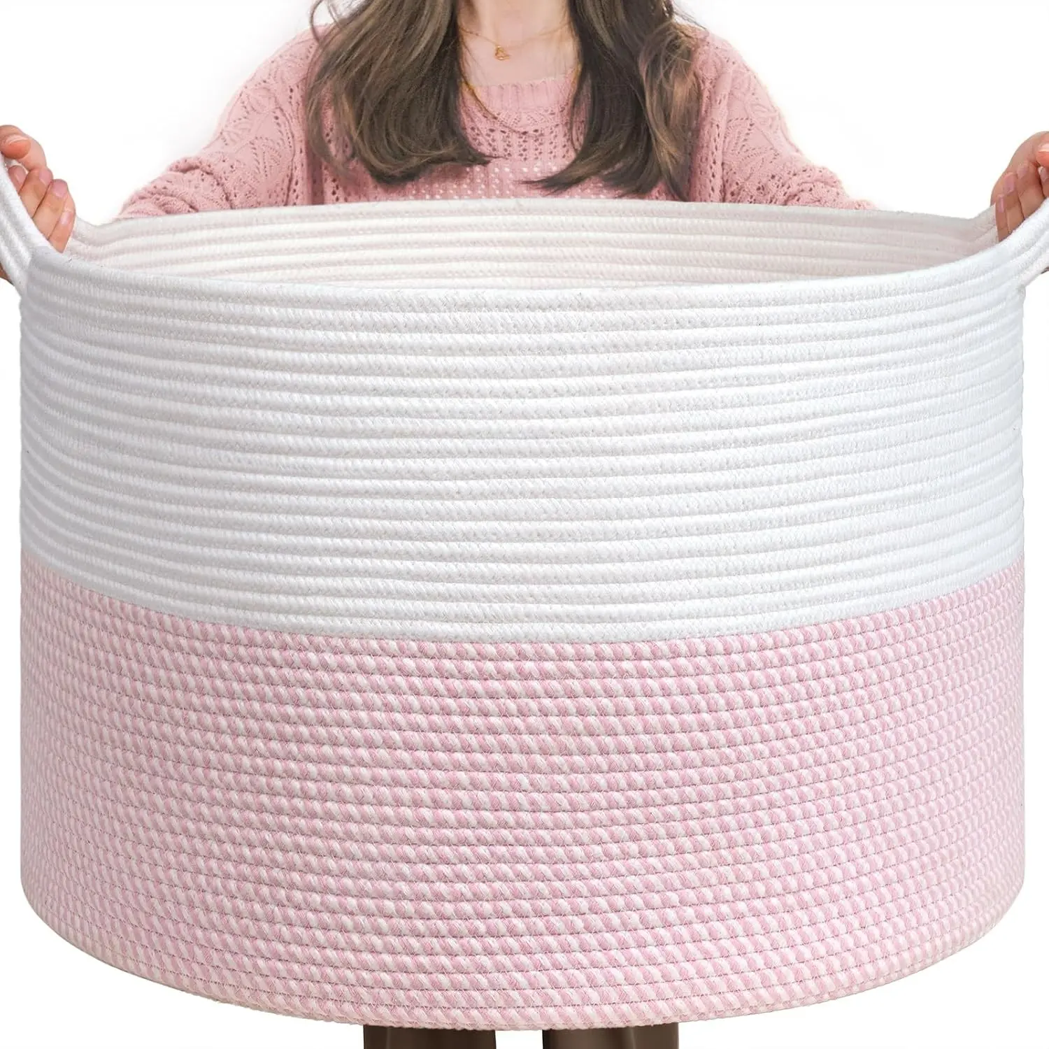 XXXLarge Storage Basket with Handle, Pink Laundry Basket for Nursery Stuffed Animal Storage, Baby Baskets Kids Toy Organizer, 21.7" x 21.7" x 13.8", Pink