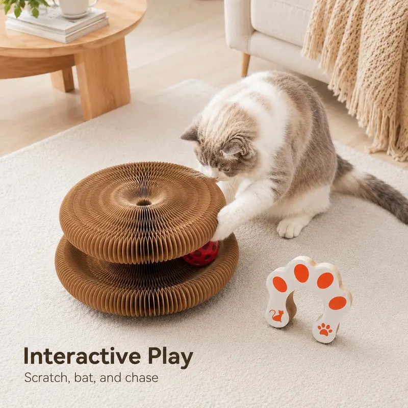 Accordion Deformable Cat Scratching Board Toy, Interactive Organ Cat Bed Lounge, Rotating Ball Scratcher Mat Pad, Premium Heavy Duty Textured Corrugated Structure Equipped with Jingle Ball, Sleek Modern Minimalist Style for Kitten Claw Grooming & Interact