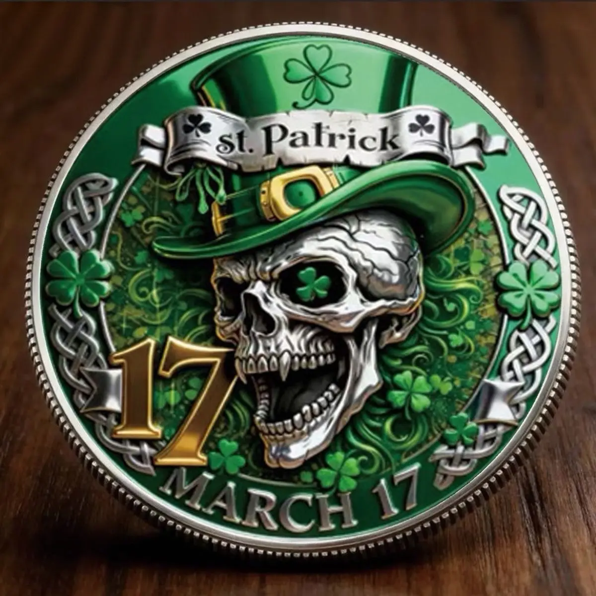 Skull Clover Metal Coin, Flat Print Collectible Token, Challenge Coin, Fun Toy, Memorial Badge, Unique Gift Idea