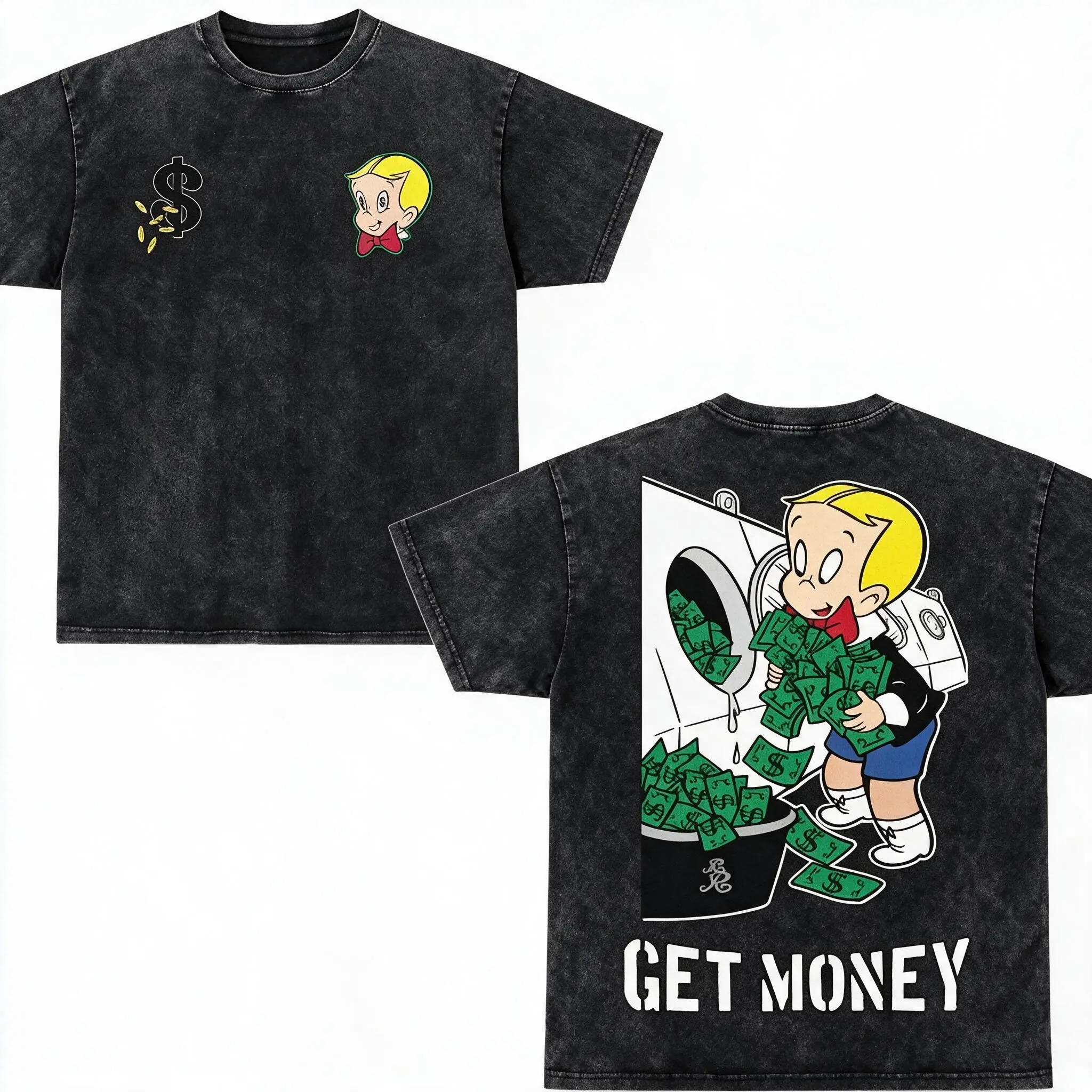Funny Richie Rich Get Money T-Shirt, Cartoon Money Laundering Tee, Retro Wealthy Graphic Shirt, Meme Streetwear, richie rich shirts, Mens Womenswear Top Pure Cotton Short Sleeve T-Shirt Casual Breathable graphic tees