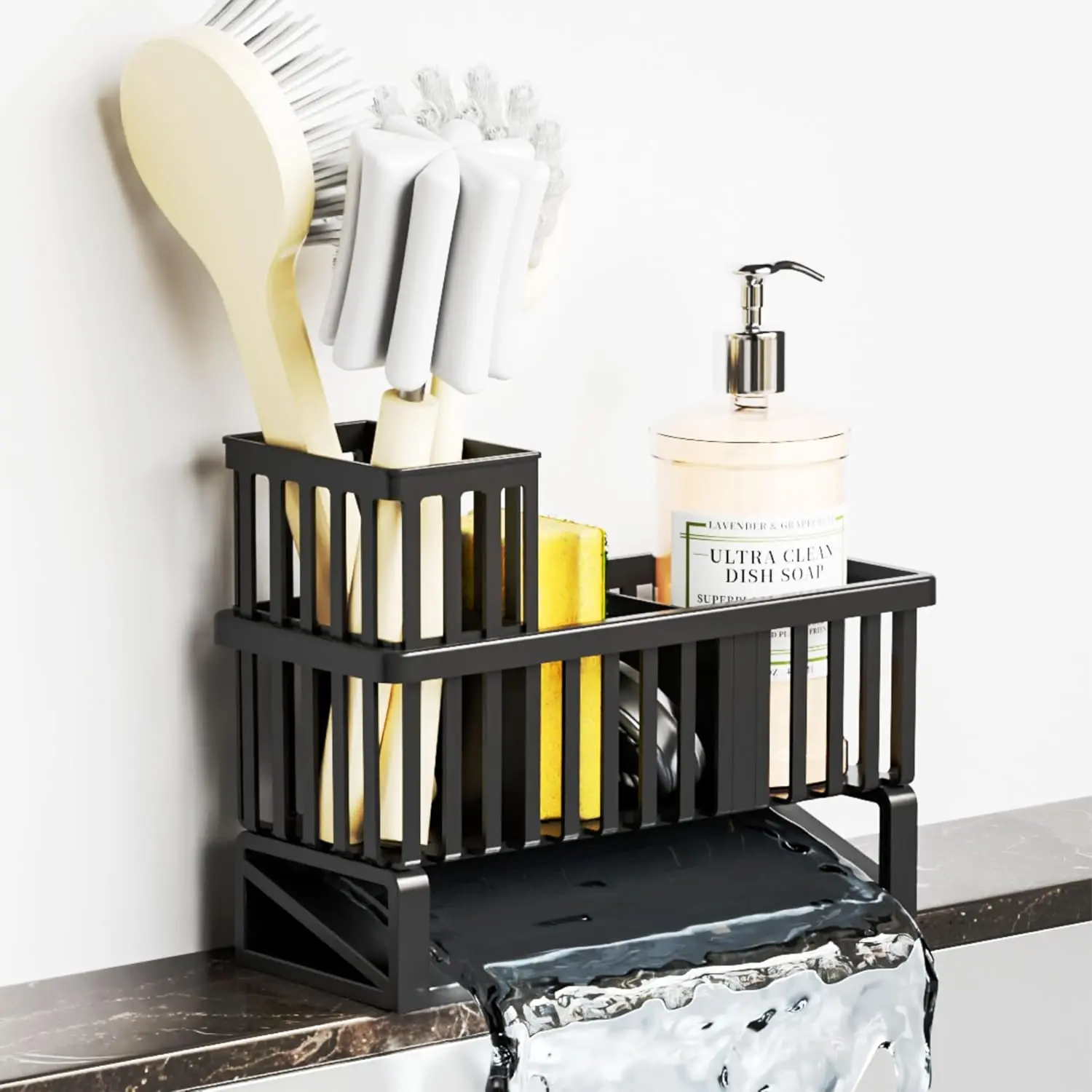 Rustproof Kitchen Sink  Organizer,Plastic ,Dish Sponge Holder,Dish Soap Rack & Dispenser,Multifunctional Sponge Drain Rack,Dish Soap  & Storage Organization Accessories,Black