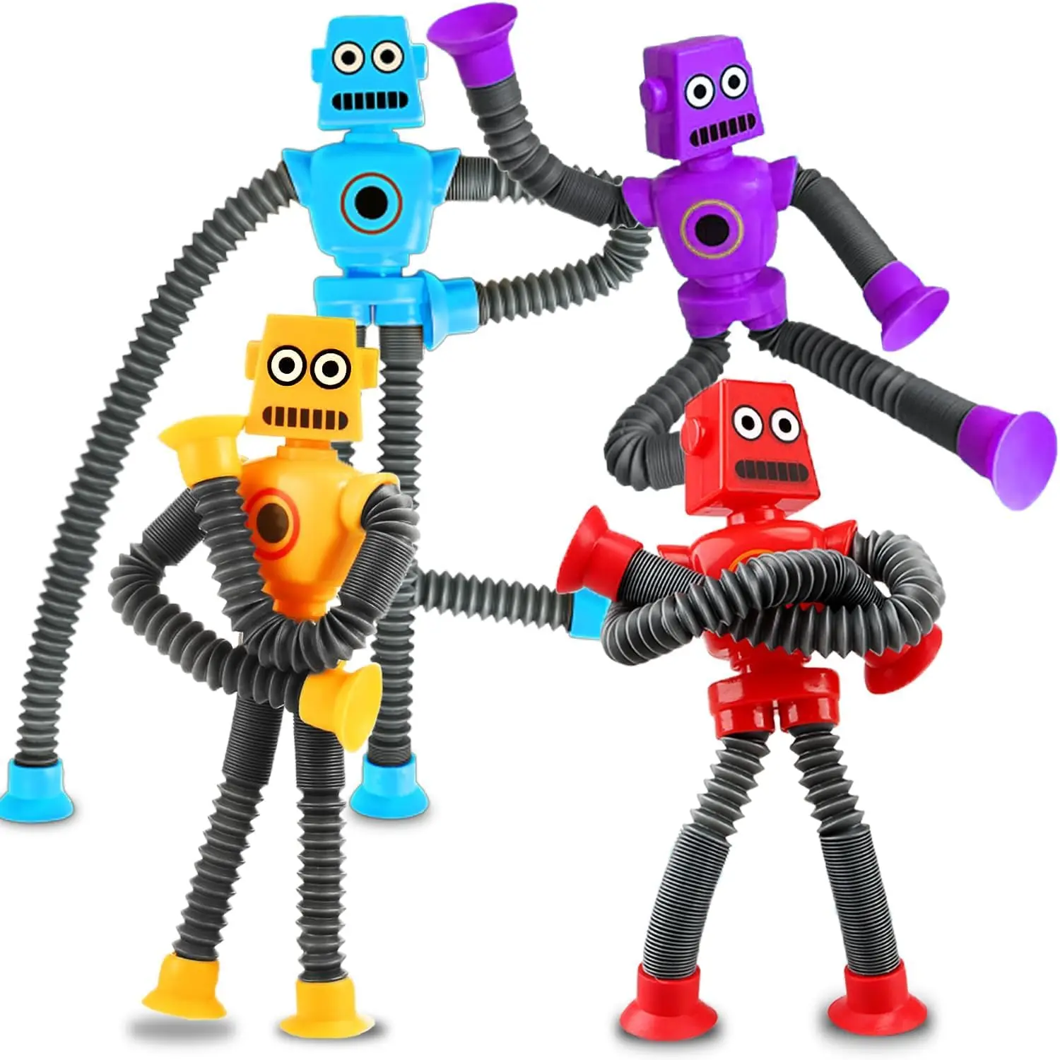 Robot Sensory Travel Road Trip Toys 4Pcs for Toddlers Kids Ages 3-9, Airplane Activities Suction Pop Tube Fidget Toys Autism, Easter Basket Stuffer Valentine Giftfidget toys