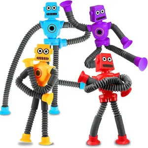 Robot Sensory Travel Road Trip Toys 4Pcs for Toddlers Kids Ages 3-9, Airplane Activities Suction Pop Tube Fidget Toys Autism, Easter Basket Stuffer Valentine Giftfidget toys