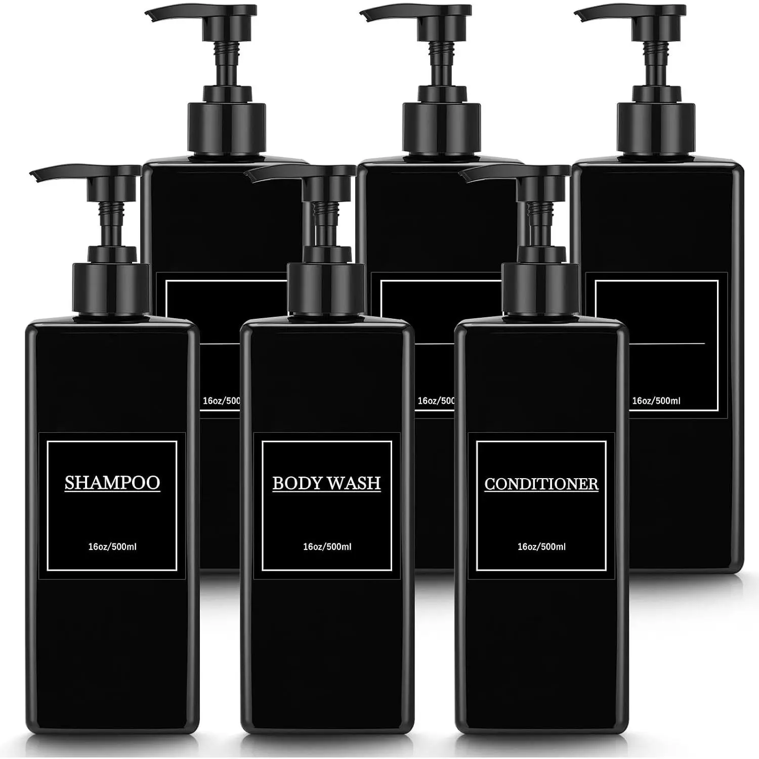 6 Pcs 16oz Shampoo and Conditioner Dispenser Bottles with Pump, Labels and Marker Pen - Modern Easy Refill Shower Soap and Body Wash Dispensers for Bathroom Decoration, BlackGift
