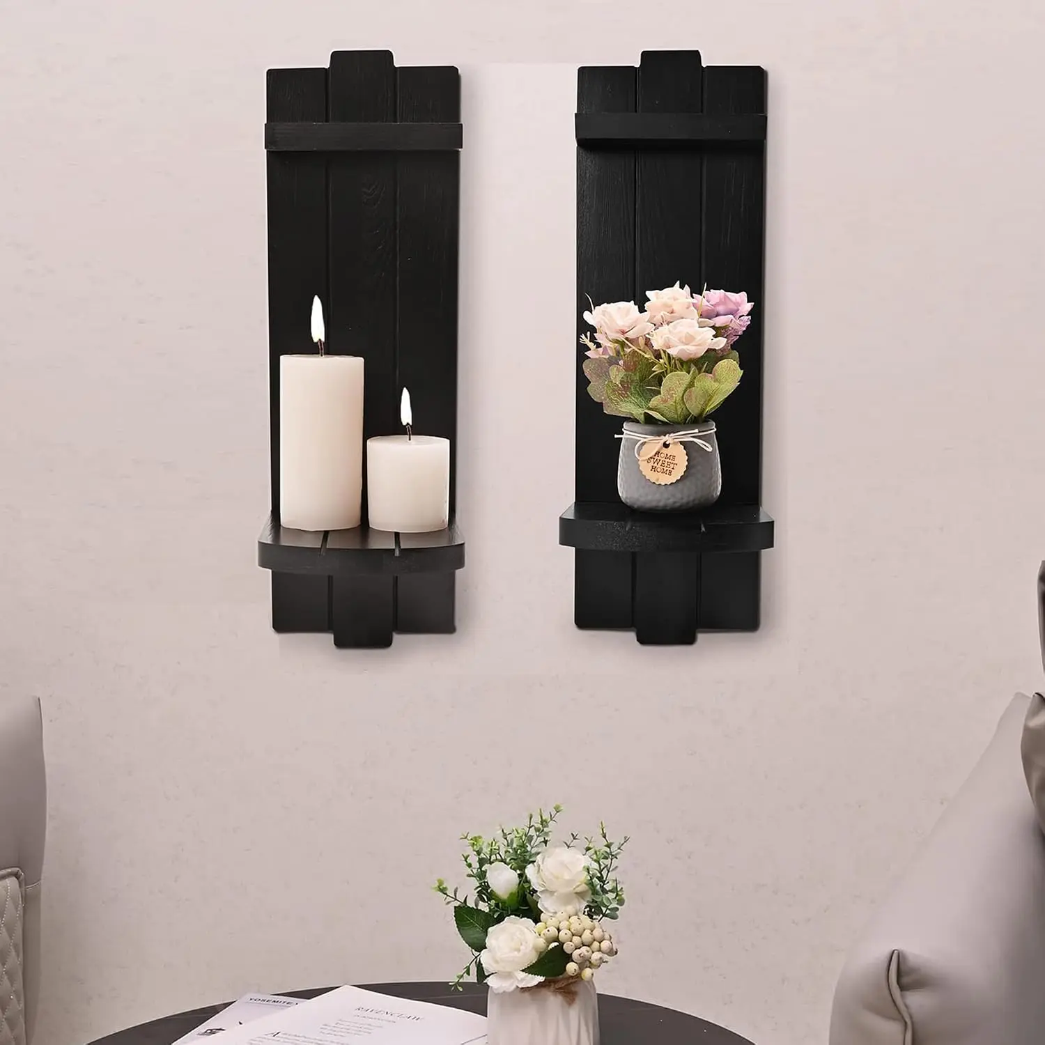 Sconces Wall Decor Set of 2, Wall Candle Holder Black  Decor |  Wall Art Floating Candle Sconces Shelf Rustic Wall Decorations for Living Room, Dining Room, Bedroom, Bathroom