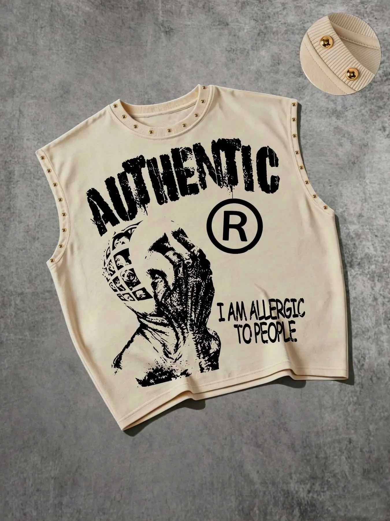 Y2K Street Style Rivet Patch Decorated Sleeveless Vest, Face-Palming Portrait Pattern, Authentic "I'm Allergic to People" Slogan Print, Punk Rock Style, Avant-Garde Alternative Dark Aesthetic Vest