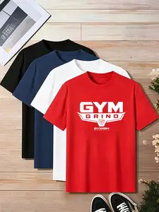 4-Pack Short Sleeve T-Shirts, Gym Training, Weightlifting, Sporty Casual, Gym Grind Print, Breathable Fabric, Unisex, All Seasons