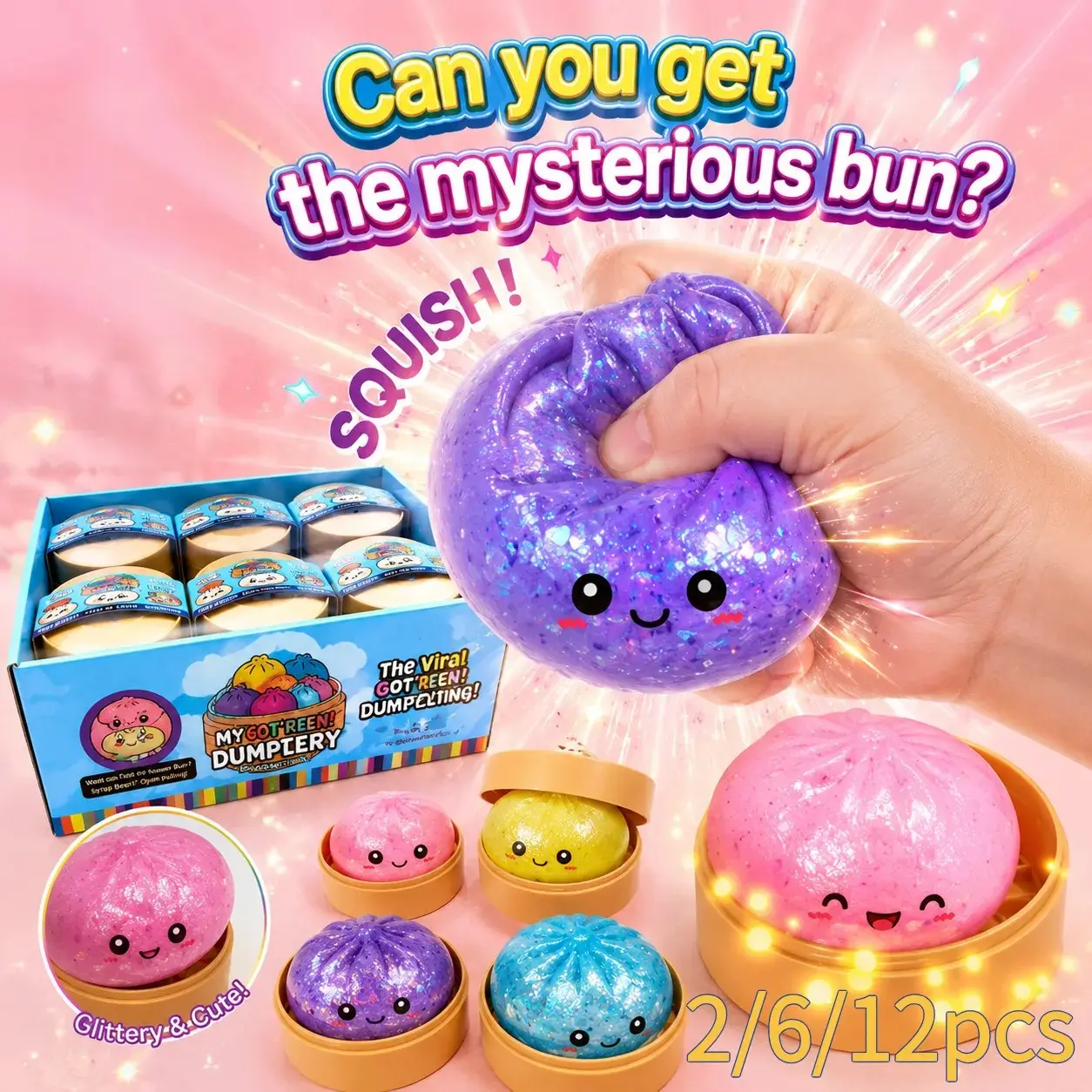 Assorted 2pc/6pc/12pc Shiny Glitter Dumpling Baozi Mystery Blind Box Bundle, Soft Creative Squeeze Squishy Fidget Gadget to Soothe Mental Pressure, Hard-to-Find Collectible Decor Compact Travel Relaxation Ornament Holiday Swap Keepsake