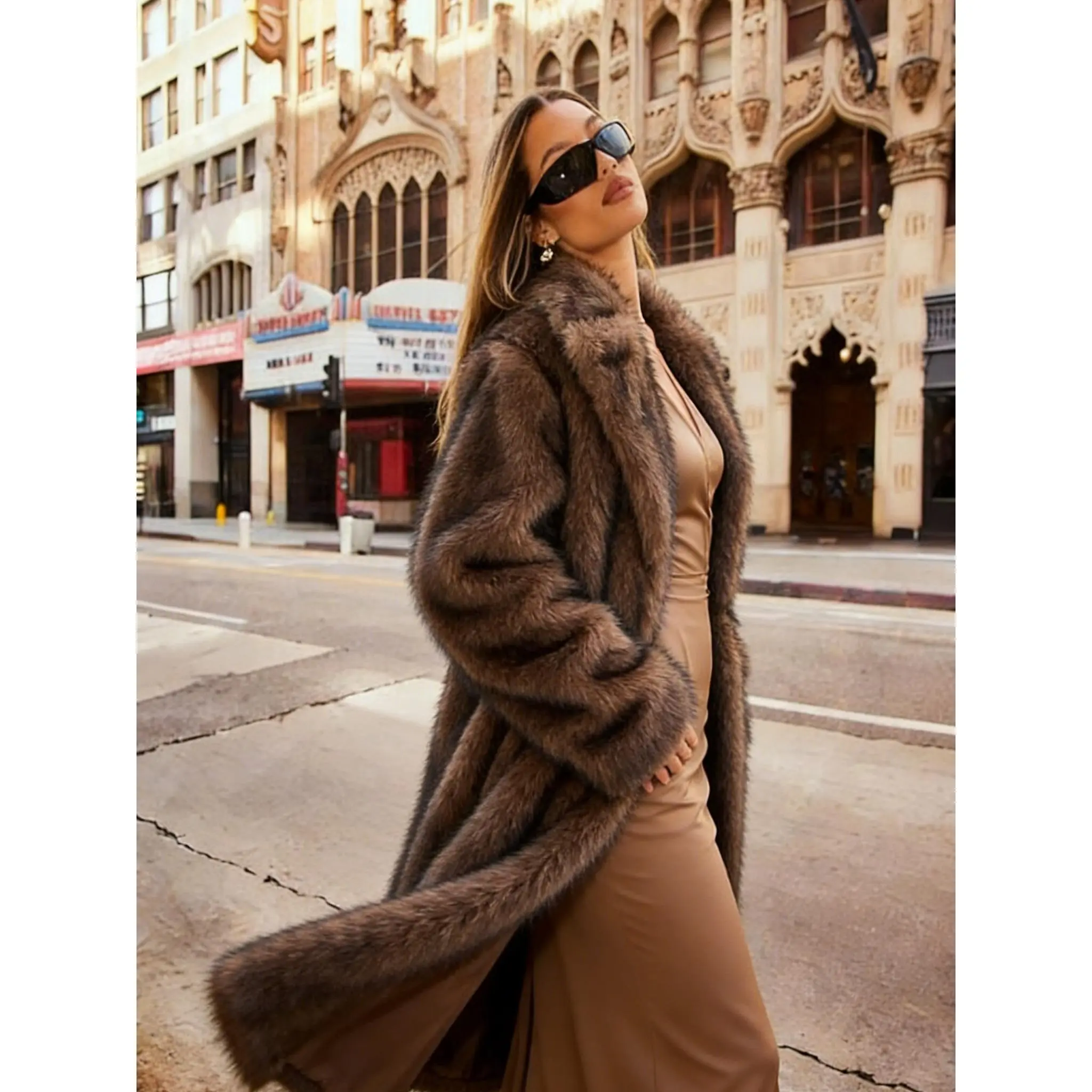 VVZ Two-Color Faux Fur Long Coat – Clean Modern Look, Comfortable Faux Fur Material for Everyday Outfits